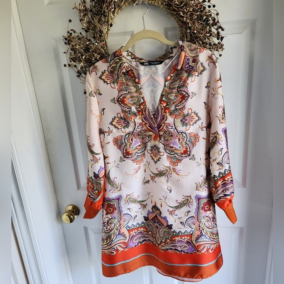 Zara Colourful Paisley Satin Tunic Dress Sz Medium - Picture 1 of 10